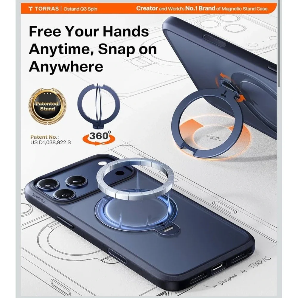 TORRAS Q3 Spin for iPhone 17 Pro Case, Patented 360 Magnetic Stand-Deep‎ Blue